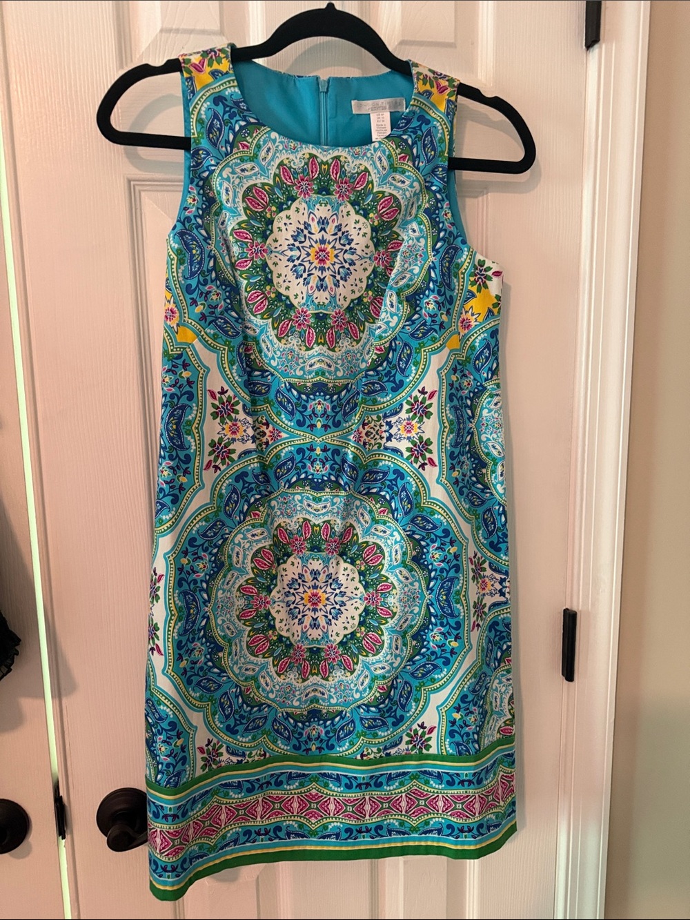Sleeveless Turquoise Mosaic Print Shift Dress